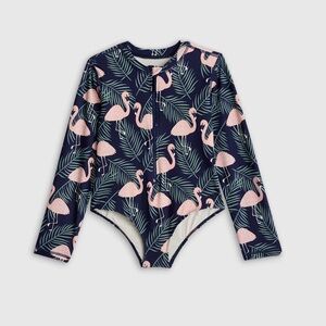 NWT QUINCE Long Sleeve Zip-Up Swimsuit Kid Size 8 Flamingo Palms 6831